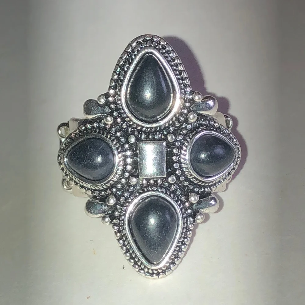 Silver Tone Black Faux Stone Teardrop Cluster Ring